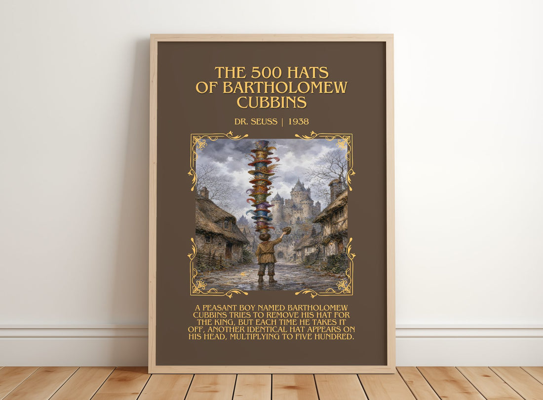 500 Hats Of Bartholomew Cubbins Minimalist Book Poster by Dr. Seuss – framed print leaning on a wooden floor
