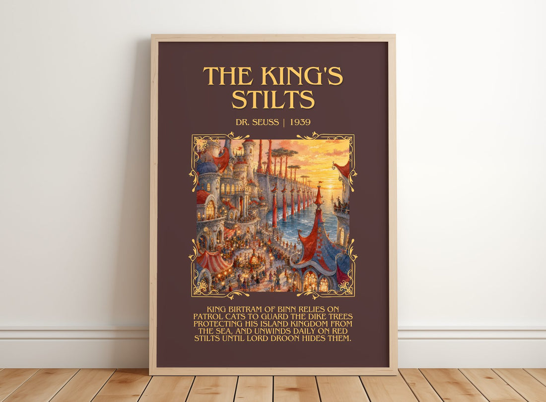 The King'S Stilts Minimalist Book Poster by Dr. Seuss – framed print leaning on a wooden floor