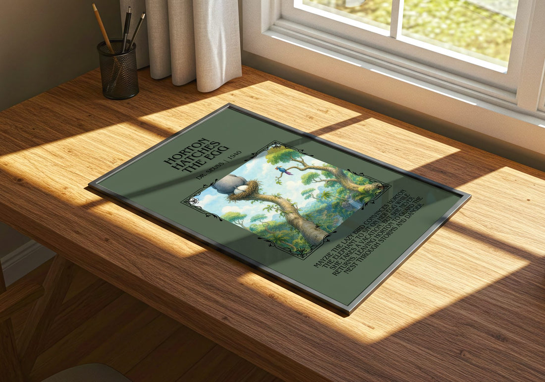 Horton Hatches The Egg Minimalist Book Poster by Dr. Seuss – print on a sunlit desk
