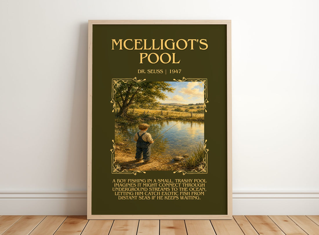 Mcelligot'S Pool Minimalist Book Poster by Dr. Seuss – framed print leaning on a wooden floor