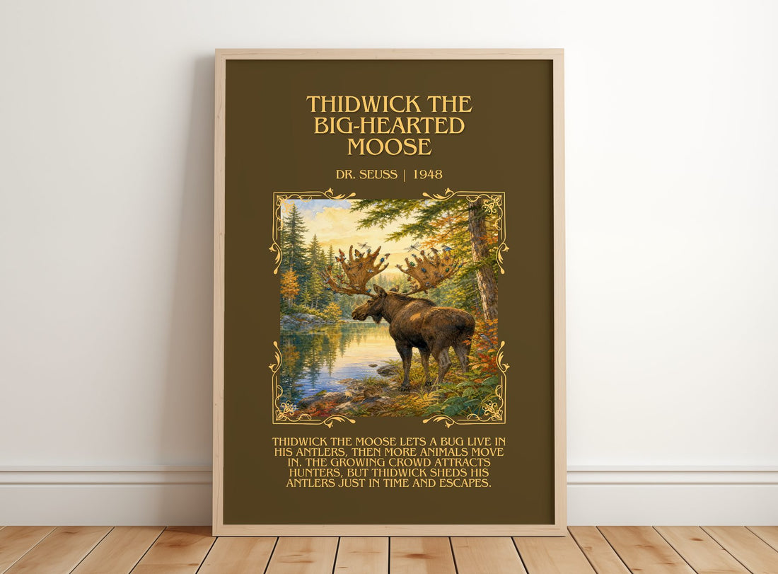 Thidwick The Big-Hearted Moose Minimalist Book Poster by Dr. Seuss – framed print leaning on a wooden floor