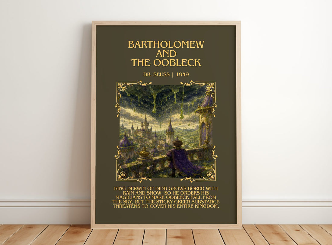 Bartholomew And The Oobleck Minimalist Book Poster by Dr. Seuss – framed print leaning on a wooden floor