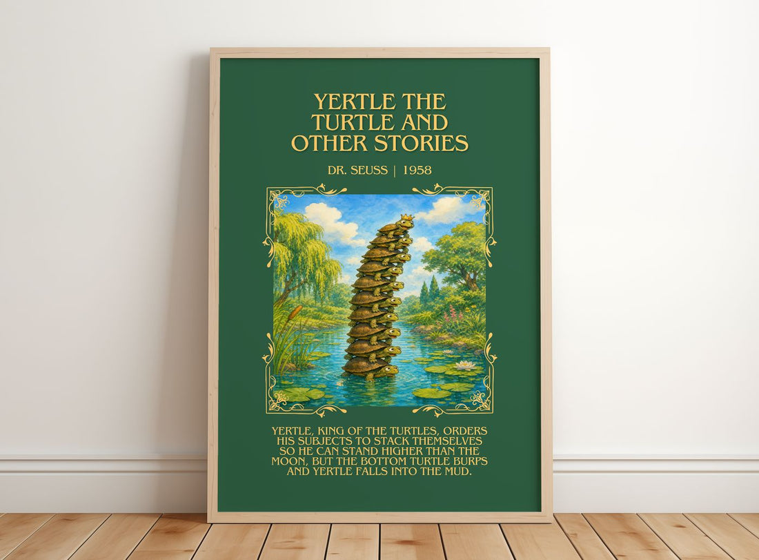 Yertle The Turtle And Other Stories Minimalist Book Poster by D. Seuss – framed print leaning on a wooden floor