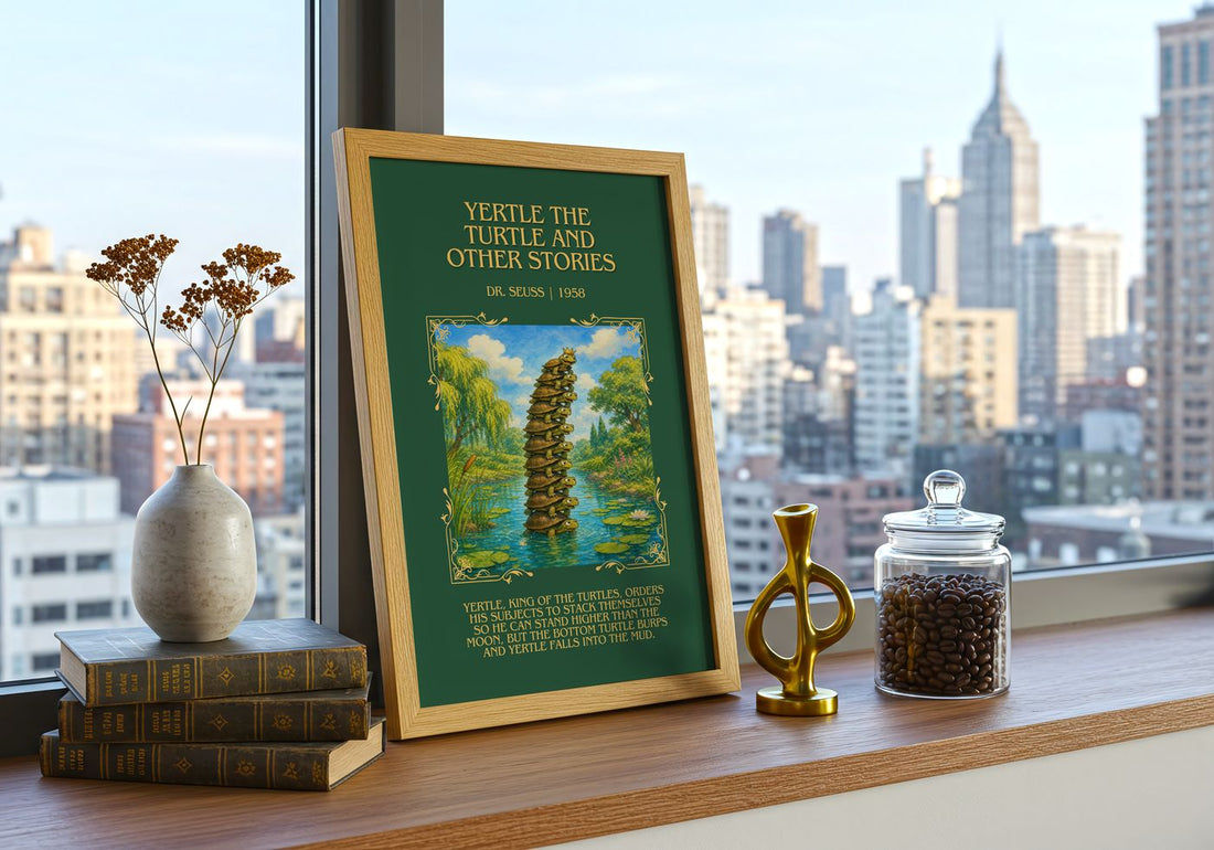 Yertle The Turtle And Other Stories Minimalist Book Poster by D. Seuss – framed print on a city-view windowsill