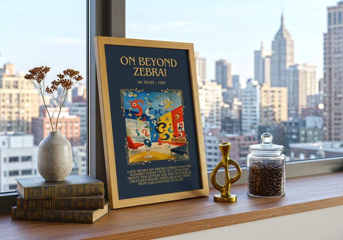On Beyond Zebra! Minimalist Book Poster by Dr. Seuss – framed print on a city-view windowsill