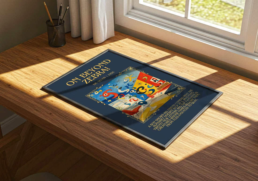 On Beyond Zebra! Minimalist Book Poster by Dr. Seuss – print on a sunlit desk