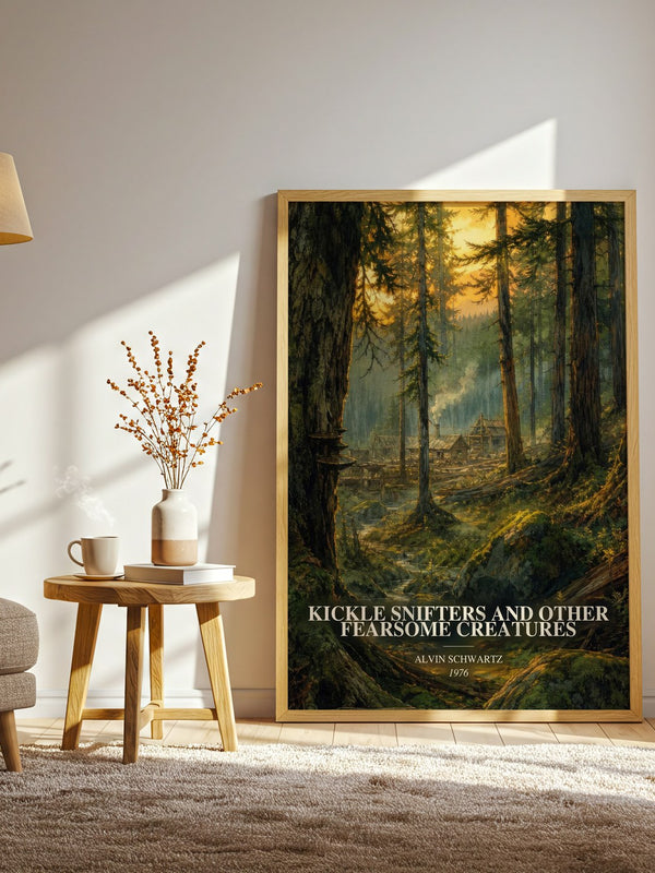 Kickle Snifters And Other Fearsome Creatures watercolour print in frame leaning in hallway – childrens wall art
