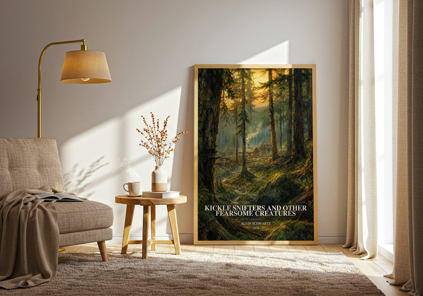 Kickle Snifters And Other Fearsome Creatures watercolour print in frame leaning in hallway – childrens wall art
