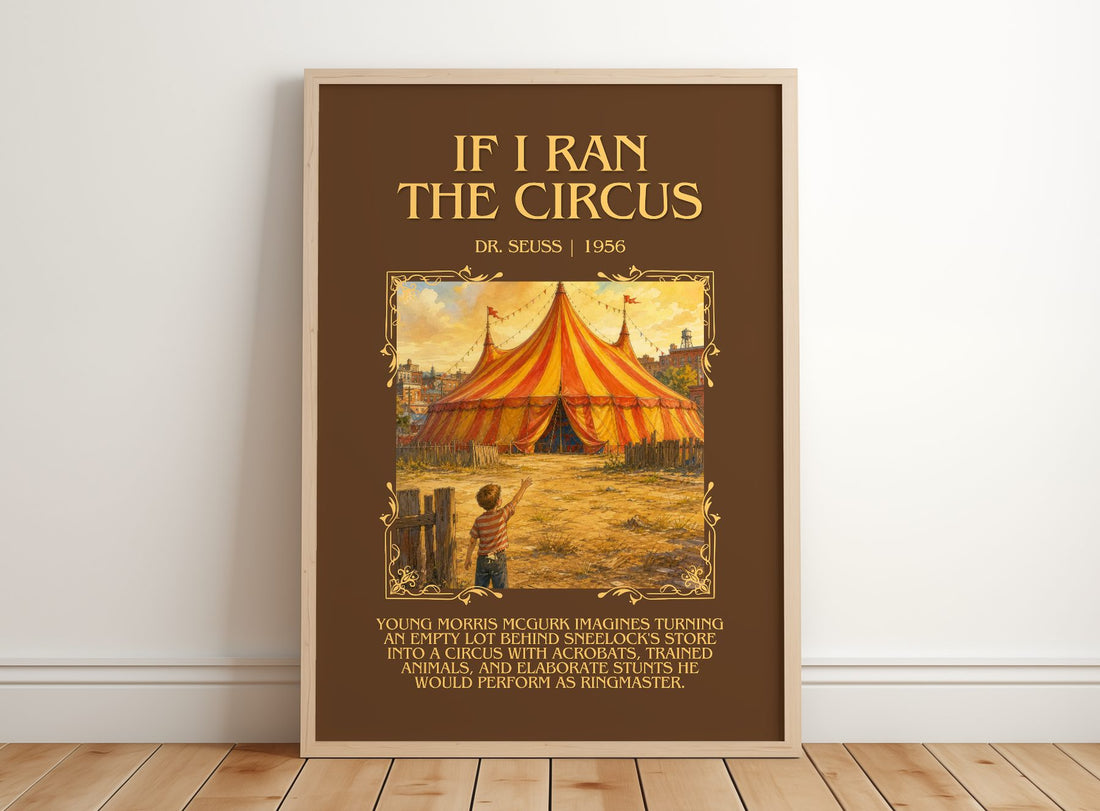 If I Ran The Circus Minimalist Book Poster by Dr. Seuss – framed print leaning on a wooden floor