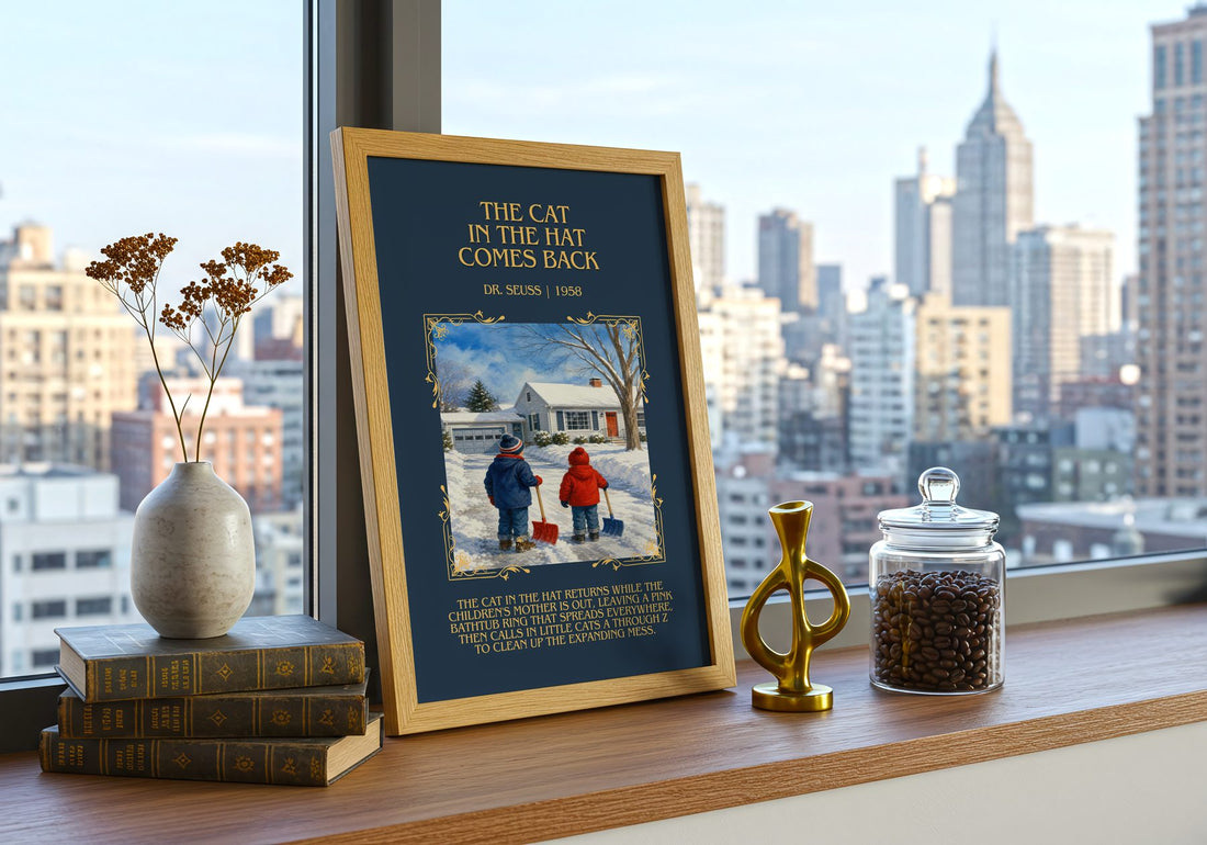 The Cat In The Hat Comes Back Minimalist Book Poster by Dr. Seuss – framed print on a city-view windowsill