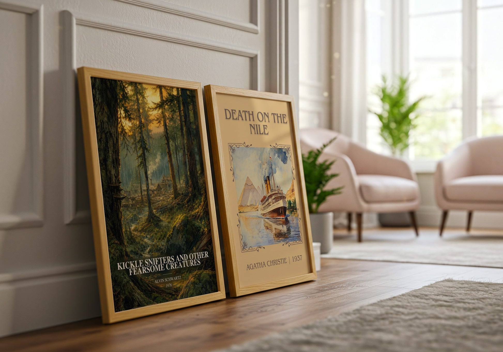 Kickle Snifters And Other Fearsome Creatures watercolour print framed by window – literary home decor