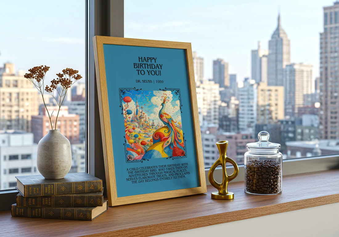 Happy Birthday To You! Minimalist Book Poster by Dr. Seuss – framed print on a city-view windowsill