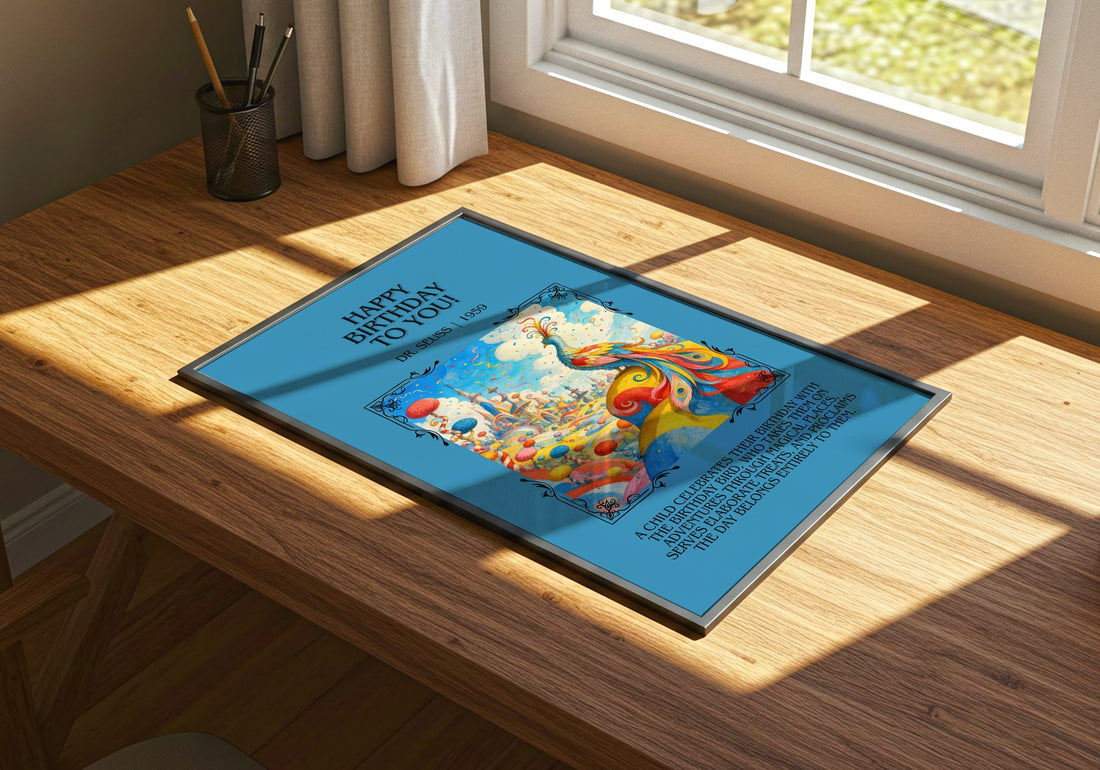 Happy Birthday To You! Minimalist Book Poster by Dr. Seuss – print on a sunlit desk