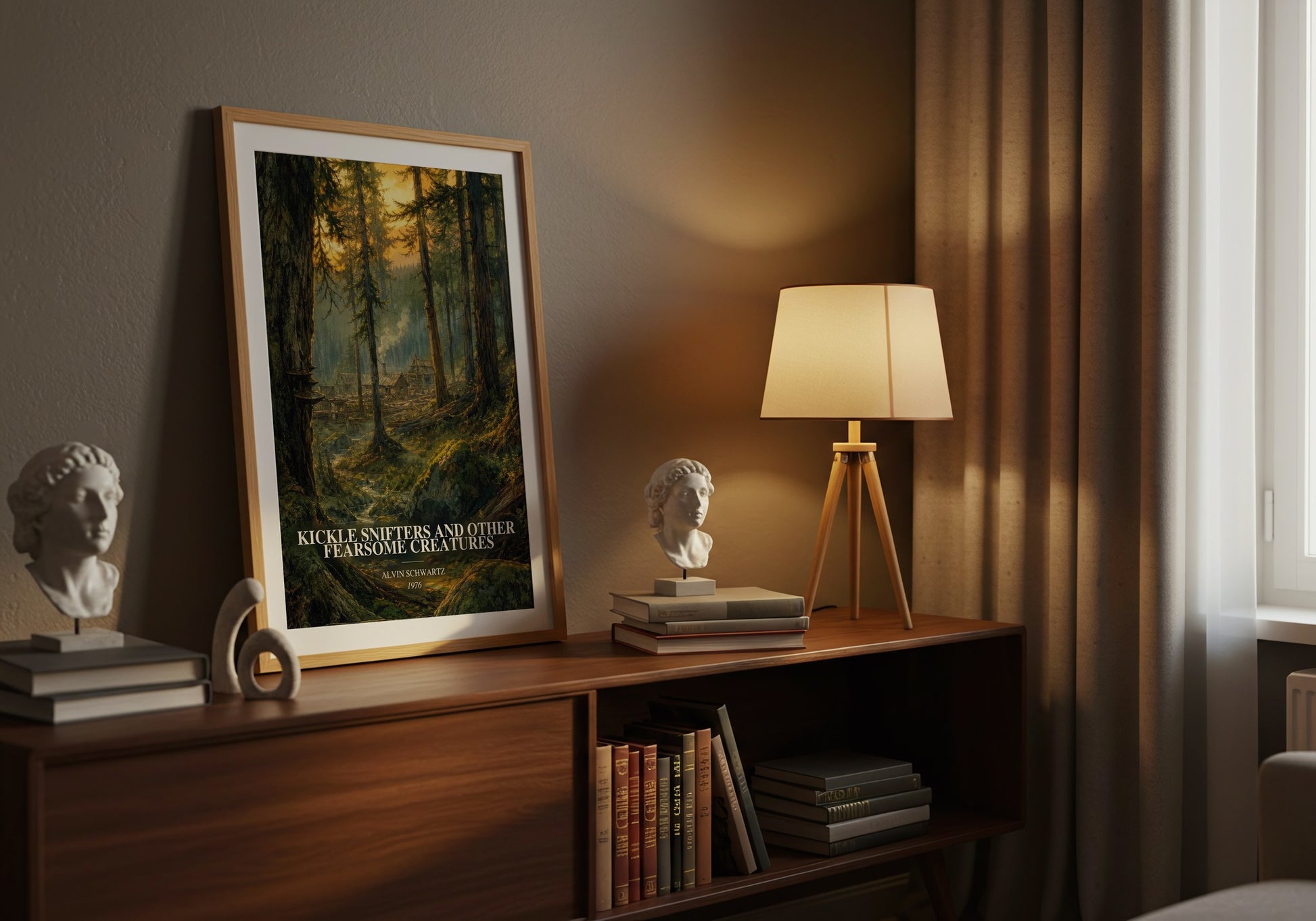 Kickle Snifters And Other Fearsome Creatures watercolour print on bookshelf – Alvin Schwartz fan gift