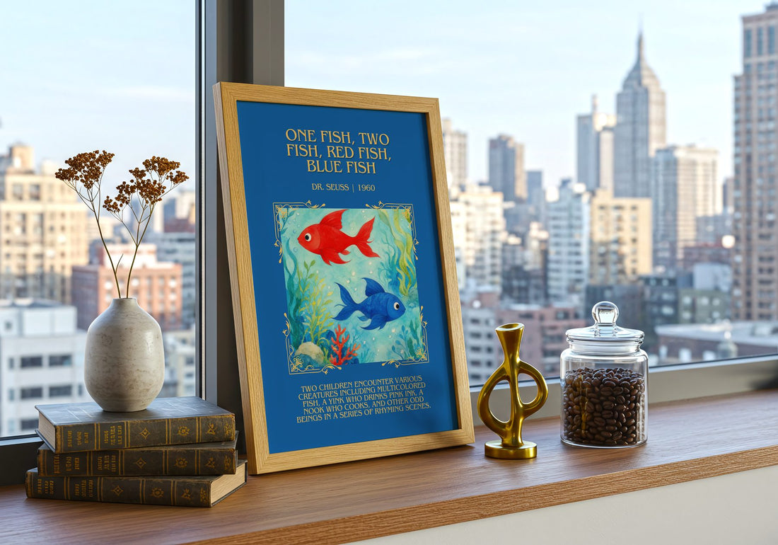 One Fish, Two Fish, Red Fish, Blue Fish Minimalist Book Poster – framed print on a city-view windowsill