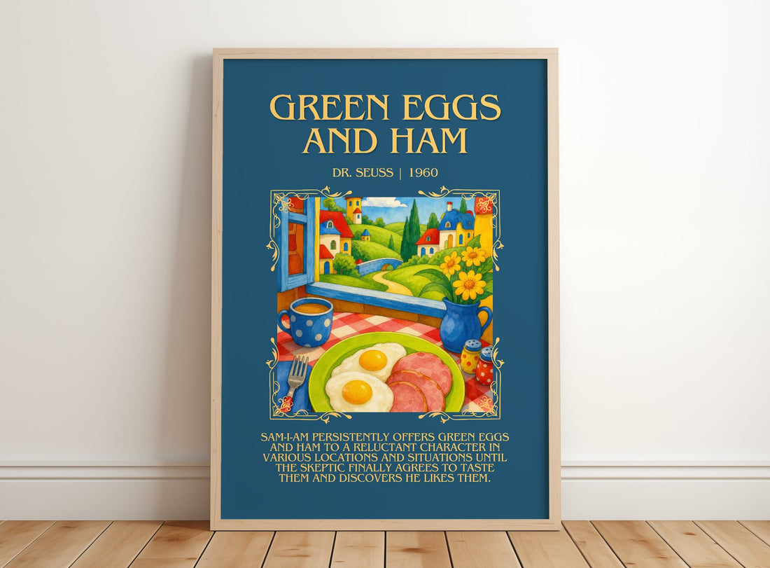 Green Eggs And Ham Minimalist Book Poster by Dr. Seuss – framed print leaning on a wooden floor