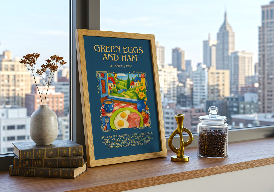 Green Eggs And Ham Minimalist Book Poster by Dr. Seuss – framed print on a city-view windowsill