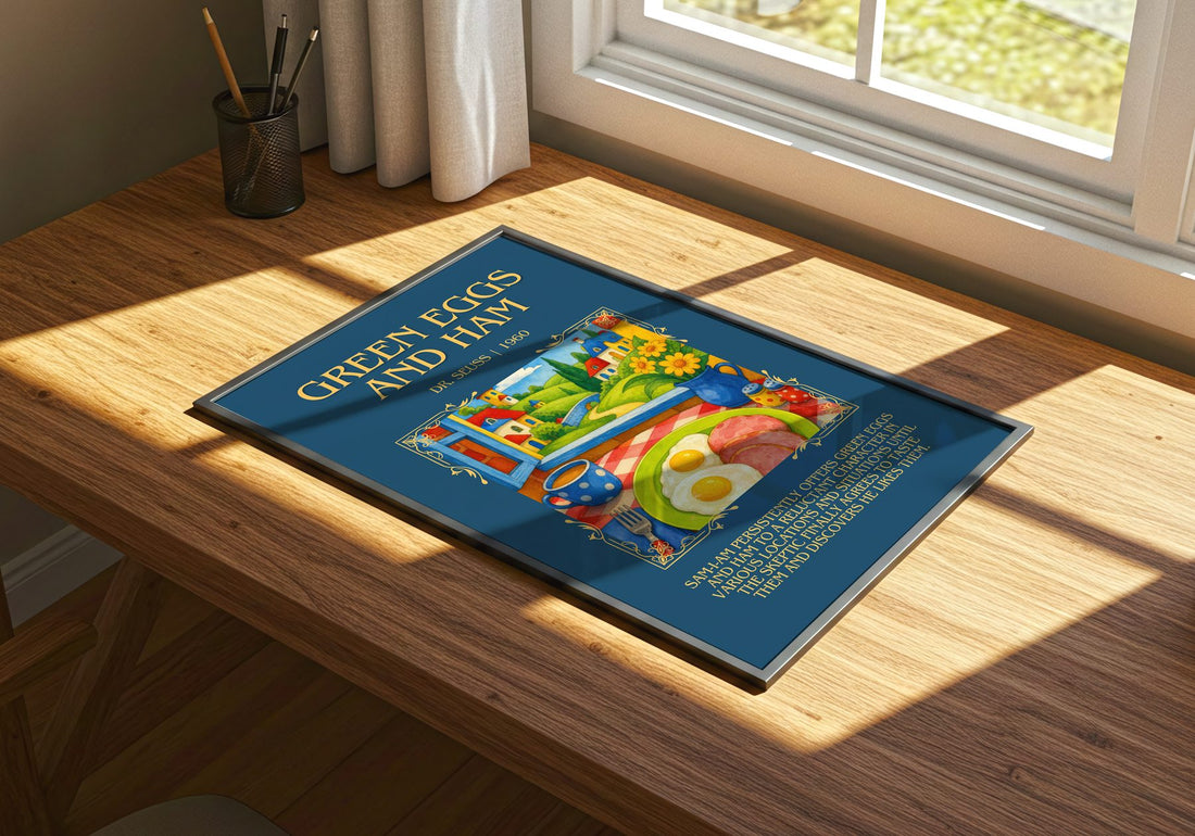 Green Eggs And Ham Minimalist Book Poster by Dr. Seuss – print on a sunlit desk