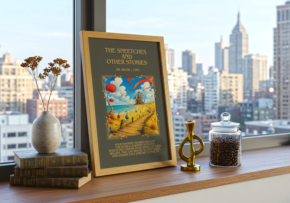 The Sneetches And Other Stories Minimalist Book Poster by Dr. Seuss – framed print on a city-view windowsill