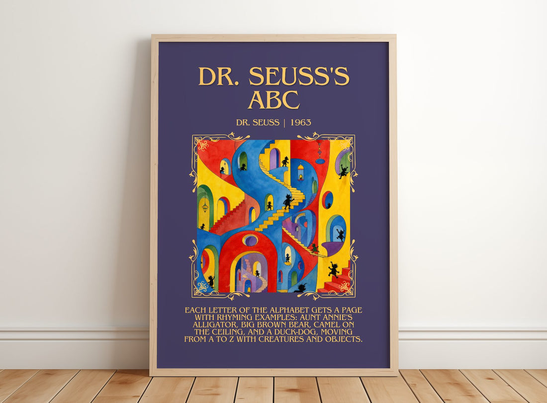 Dr. Seuss'S Abc Minimalist Book Poster by Dr. Seuss – framed print leaning on a wooden floor