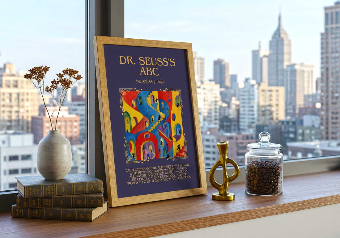 Dr. Seuss'S Abc Minimalist Book Poster by Dr. Seuss – framed print on a city-view windowsill