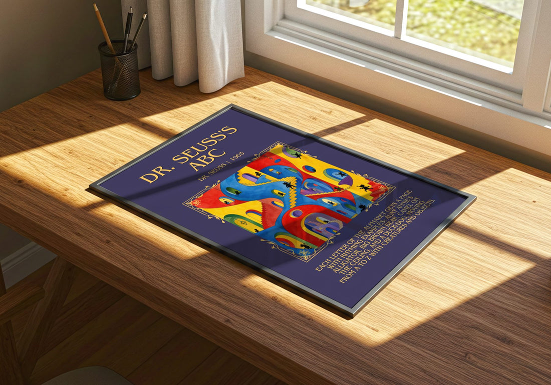 Dr. Seuss'S Abc Minimalist Book Poster by Dr. Seuss – print on a sunlit desk