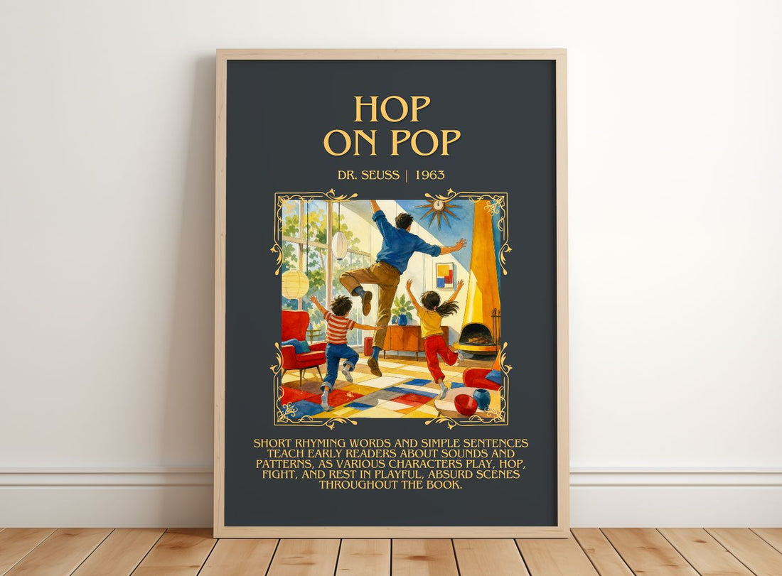 Hop On Pop Minimalist Book Poster by Dr. Seuss – framed print leaning on a wooden floor