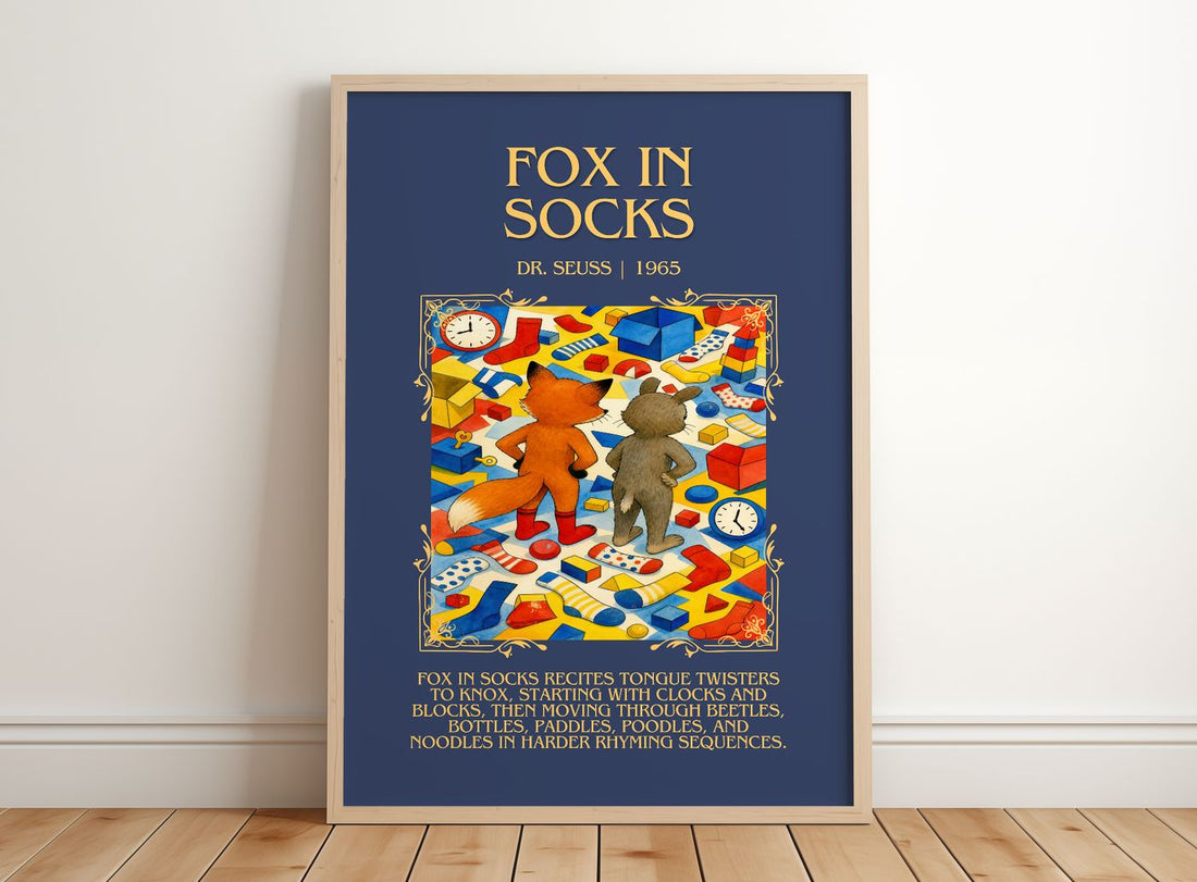 Fox In Socks Minimalist Book Poster by Dr. Seuss – framed print leaning on a wooden floor