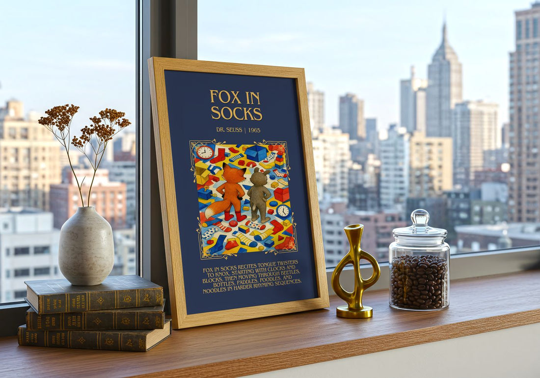 Fox In Socks Minimalist Book Poster by Dr. Seuss – framed print on a city-view windowsill