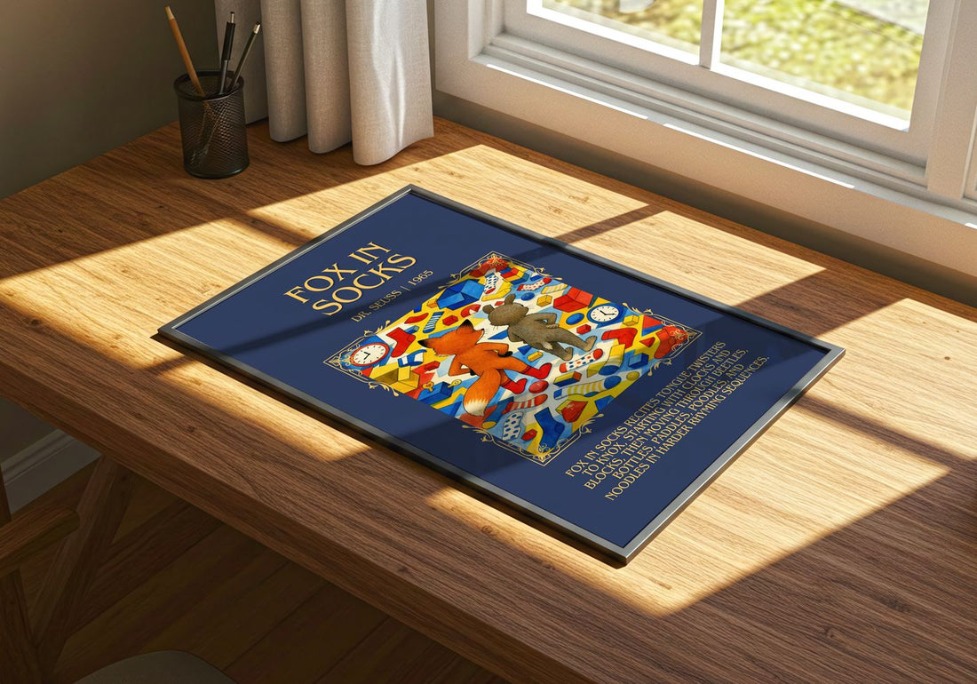 Fox In Socks Minimalist Book Poster by Dr. Seuss – print on a sunlit desk