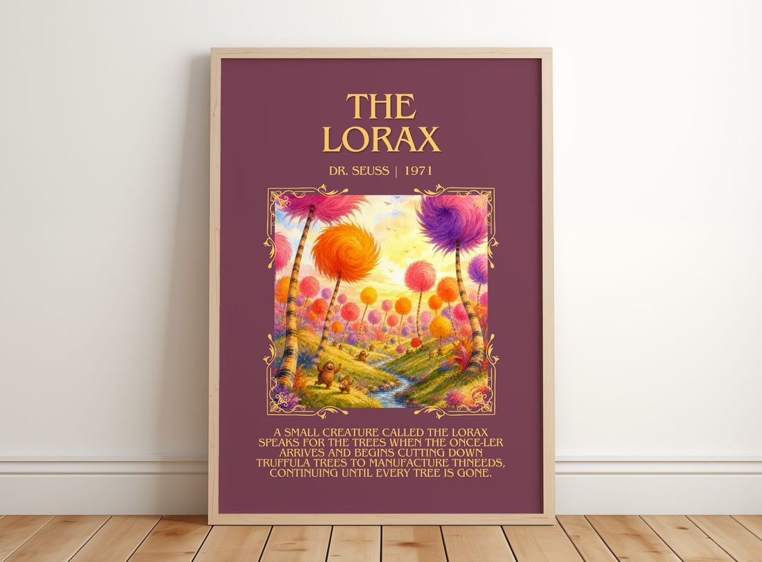 The Lorax Minimalist Book Poster by Dr. Seuss – framed print leaning on a wooden floor