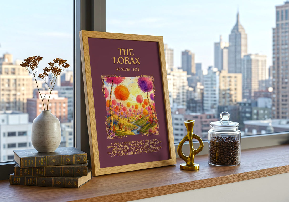 The Lorax Minimalist Book Poster by Dr. Seuss – framed print on a city-view windowsill