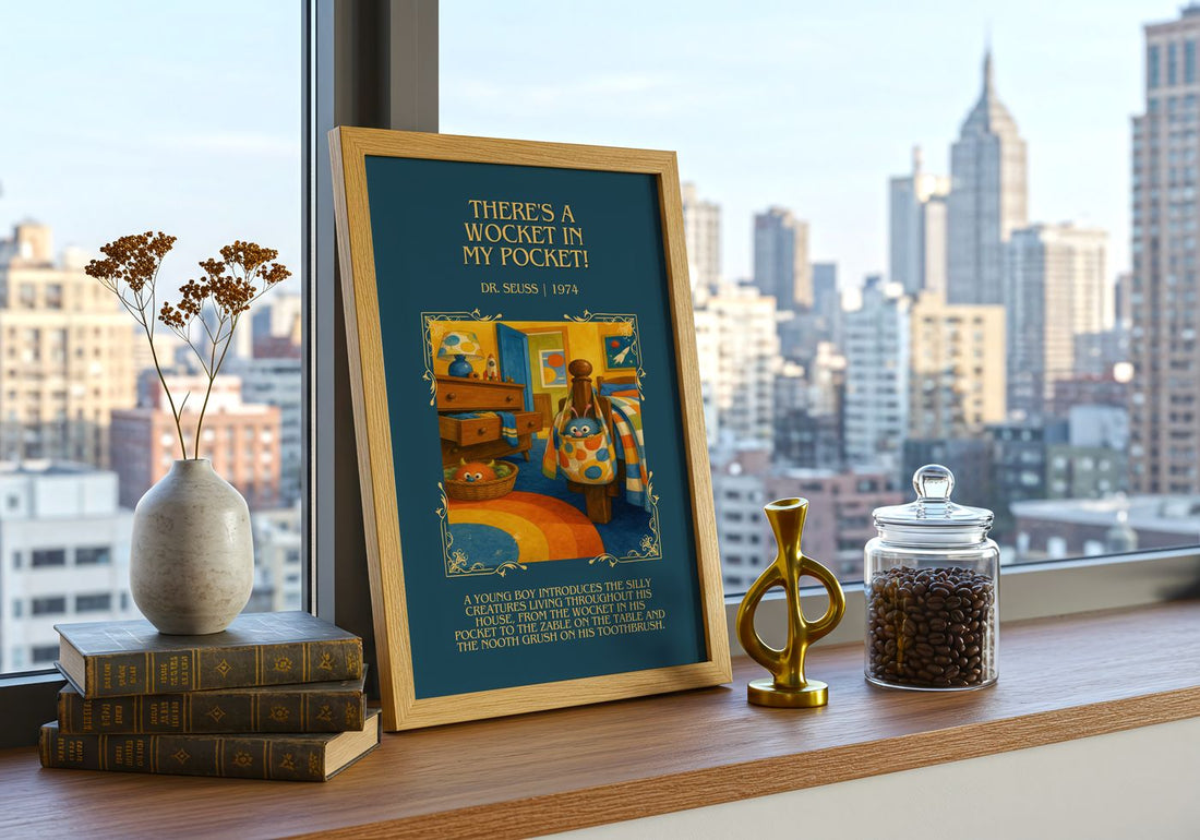 There'S A Wocket In My Pocket! Minimalist Book Poster by Dr. Seuss – framed print on a city-view windowsill