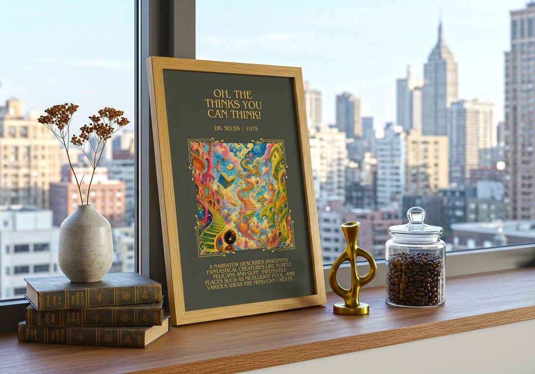 Oh, The Thinks You Can Think! Minimalist Book Poster by Dr. Seuss – framed print on a city-view windowsill