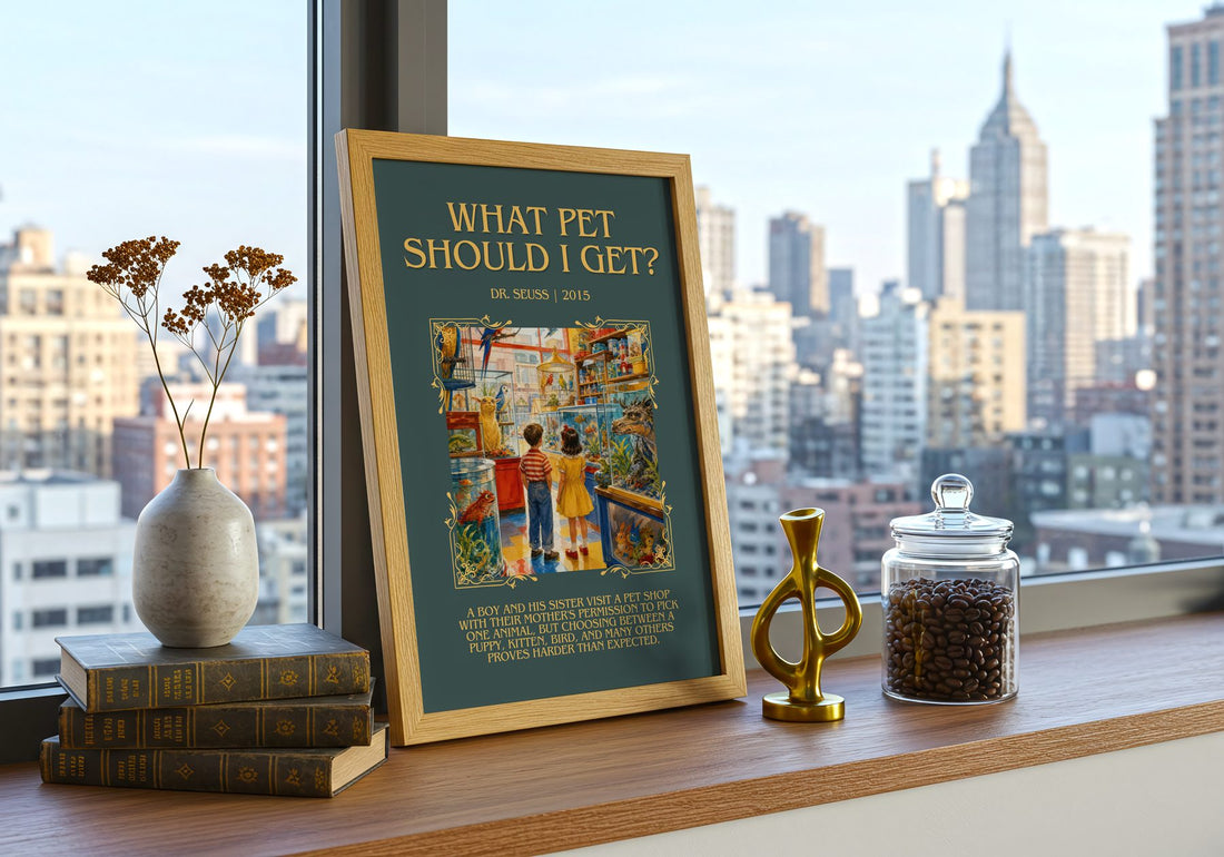 What Pet Should I Get? Minimalist Book Poster by Dr. Seuss – framed print on a city-view windowsill
