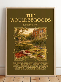 The Wouldbegoods Minimalist Book Poster by E. Nesbit – framed print leaning on a wooden floor