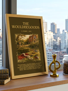 The Wouldbegoods Minimalist Book Poster by E. Nesbit – framed print on a city-view windowsill