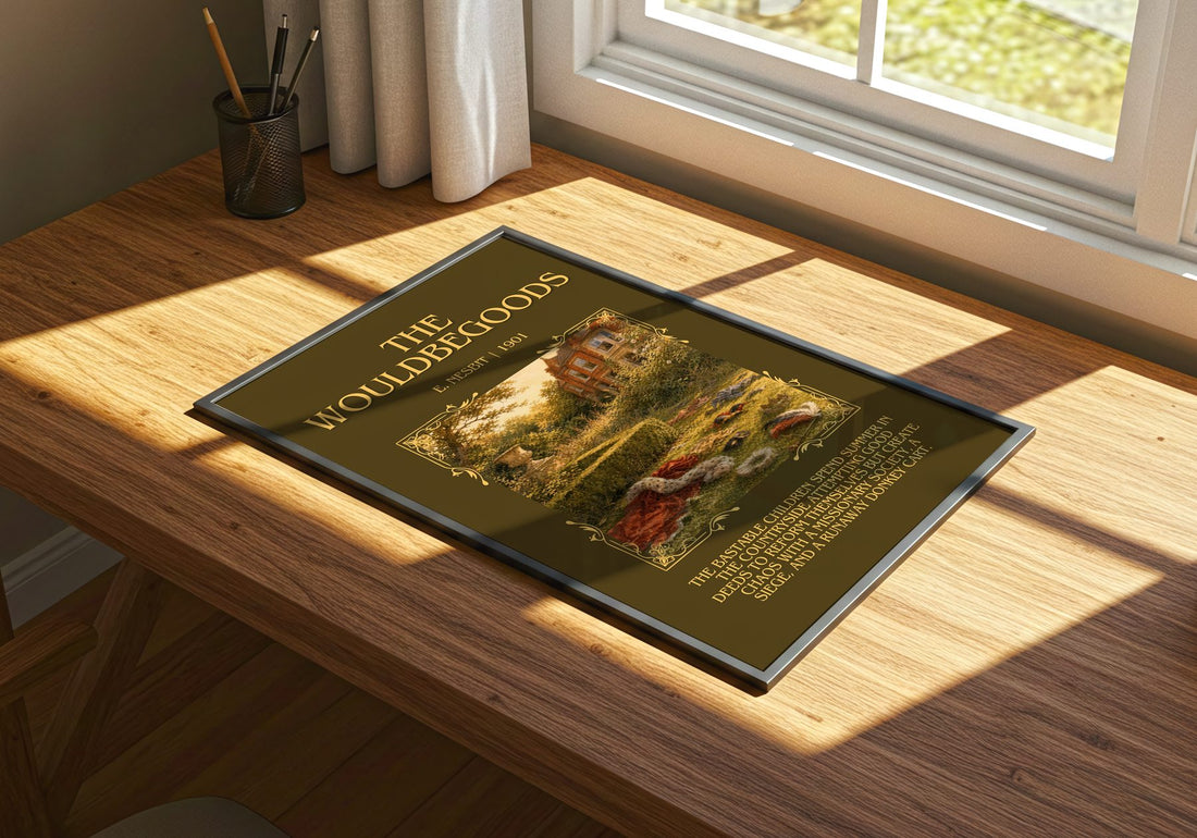 The Wouldbegoods Minimalist Book Poster by E. Nesbit – print on a sunlit desk