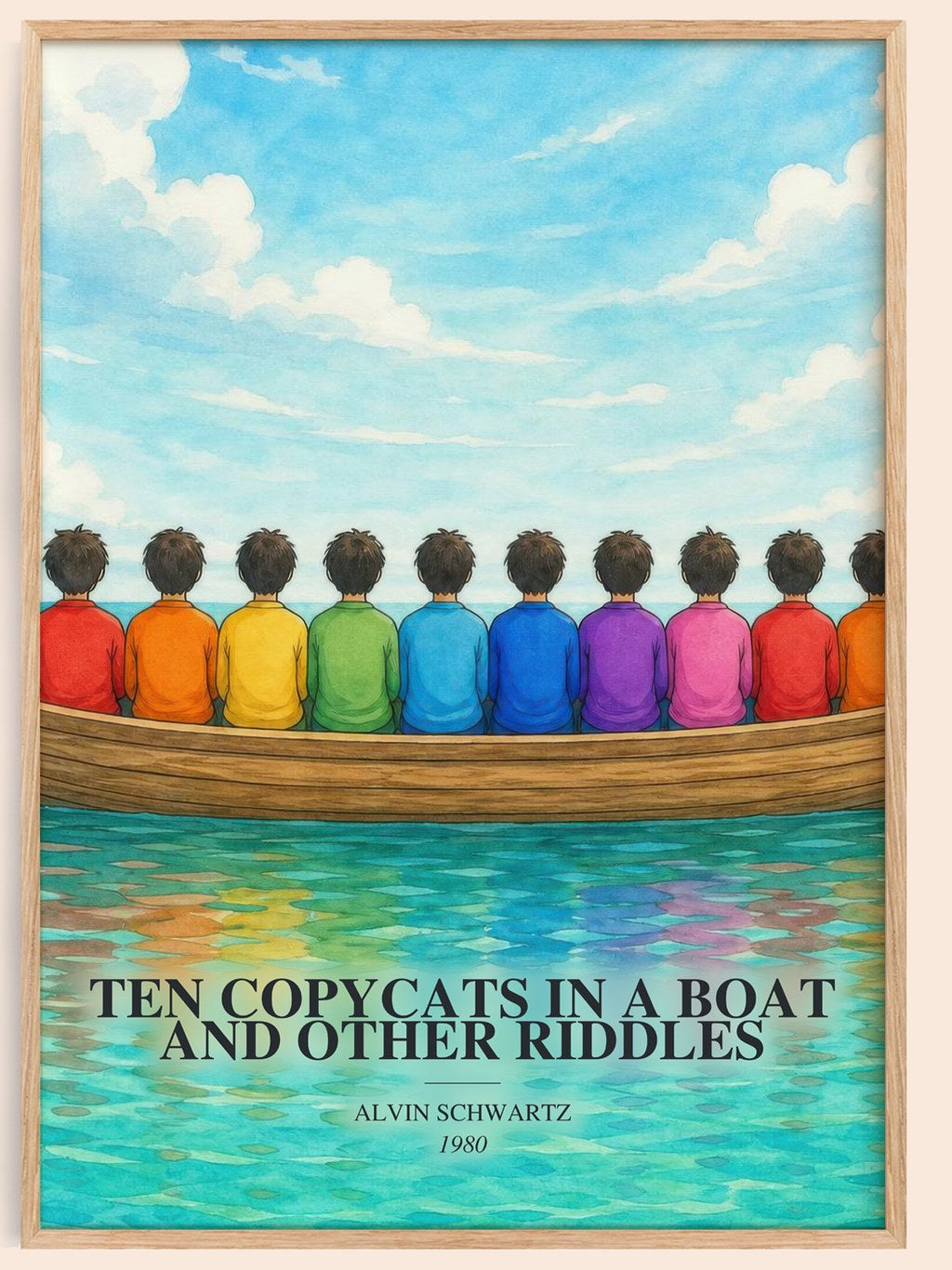 Ten Copycats In A Boat And Other Riddles watercolour book poster by Alvin Schwartz – framed literary art print