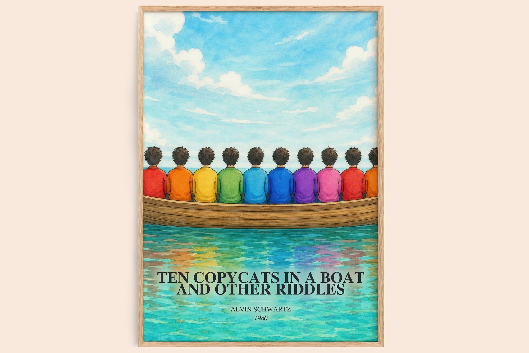 Ten Copycats In A Boat And Other Riddles watercolour book poster by Alvin Schwartz – framed literary art print