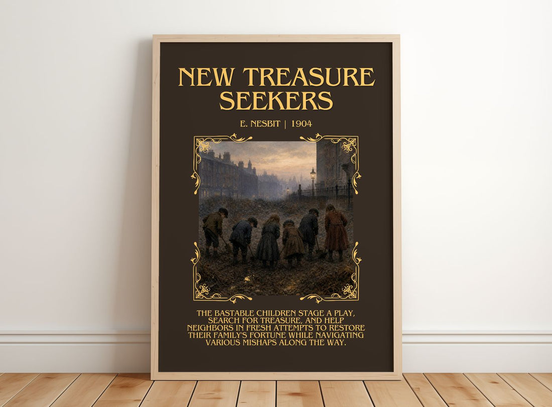 New Treasure Seekers Minimalist Book Poster by E. Nesbit – framed print leaning on a wooden floor