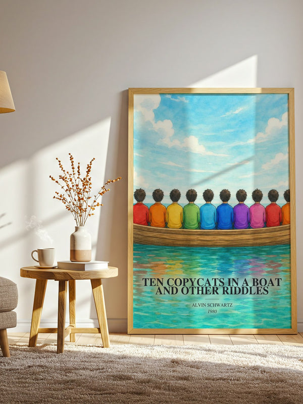 Ten Copycats In A Boat And Other Riddles watercolour print in frame leaning in hallway – childrens wall art