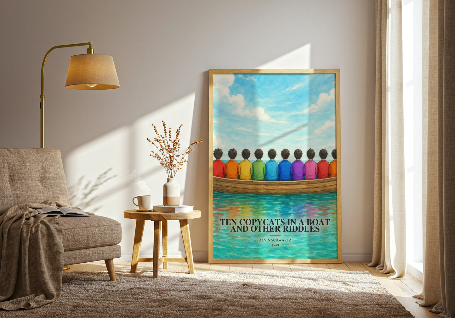 Ten Copycats In A Boat And Other Riddles watercolour print in frame leaning in hallway – childrens wall art