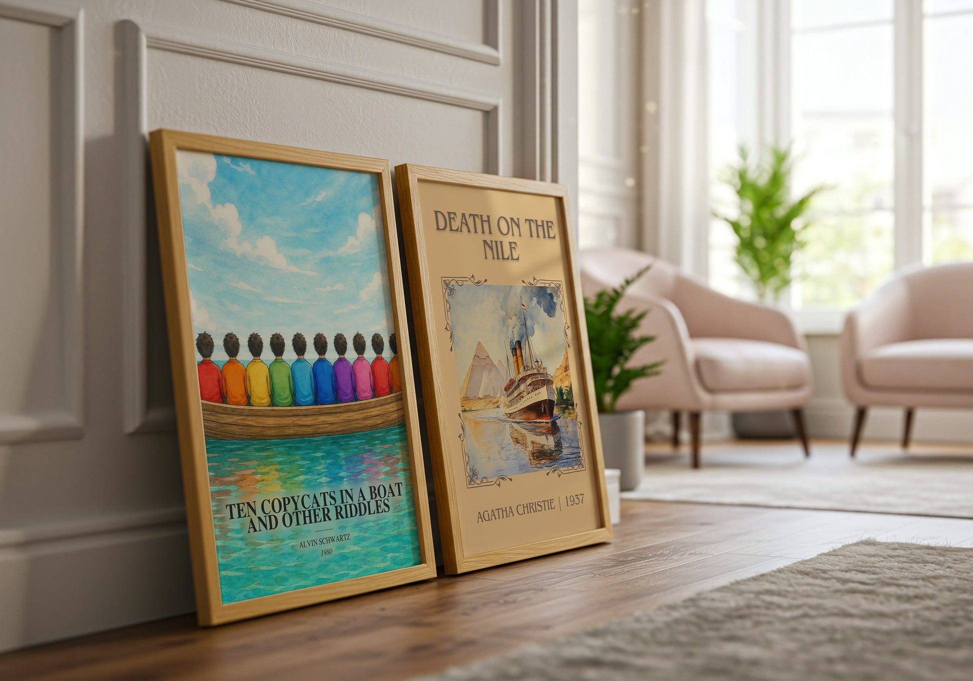 Ten Copycats In A Boat And Other Riddles watercolour print framed by window – literary home decor