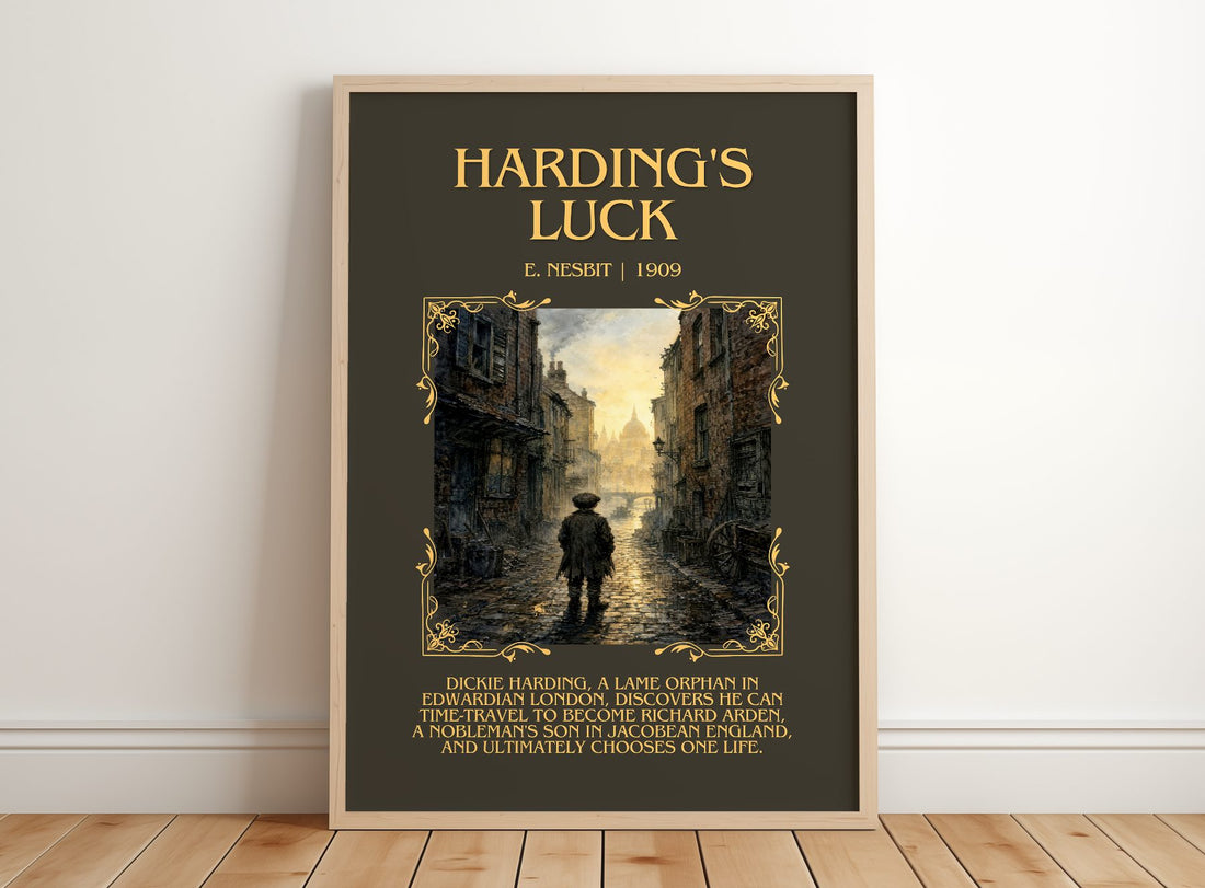 Harding'S Luck Minimalist Book Poster by E. Nesbit – framed print leaning on a wooden floor