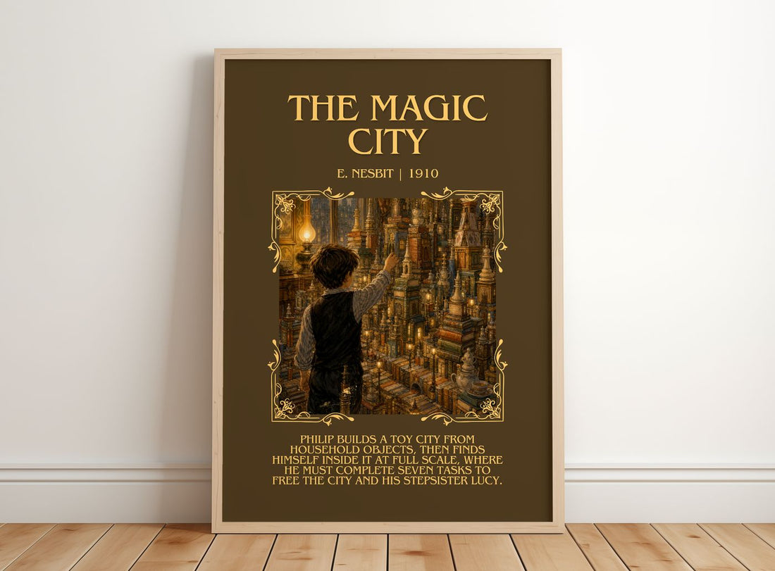 The Magic City Minimalist Book Poster by E. Nesbit – framed print leaning on a wooden floor