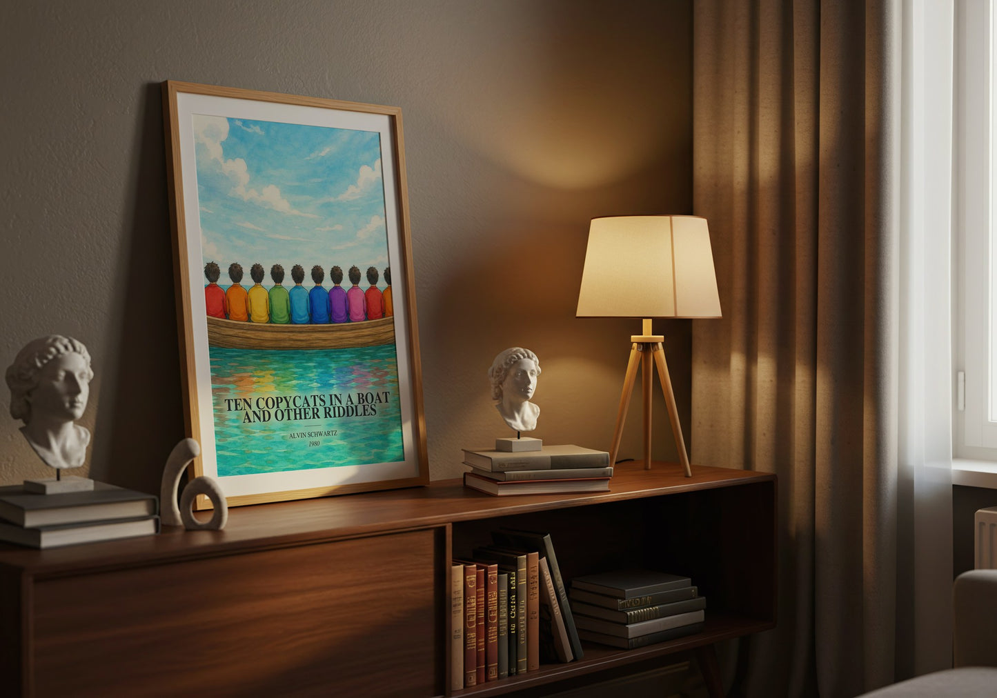 Ten Copycats In A Boat And Other Riddles watercolour print on bookshelf – Alvin Schwartz fan gift