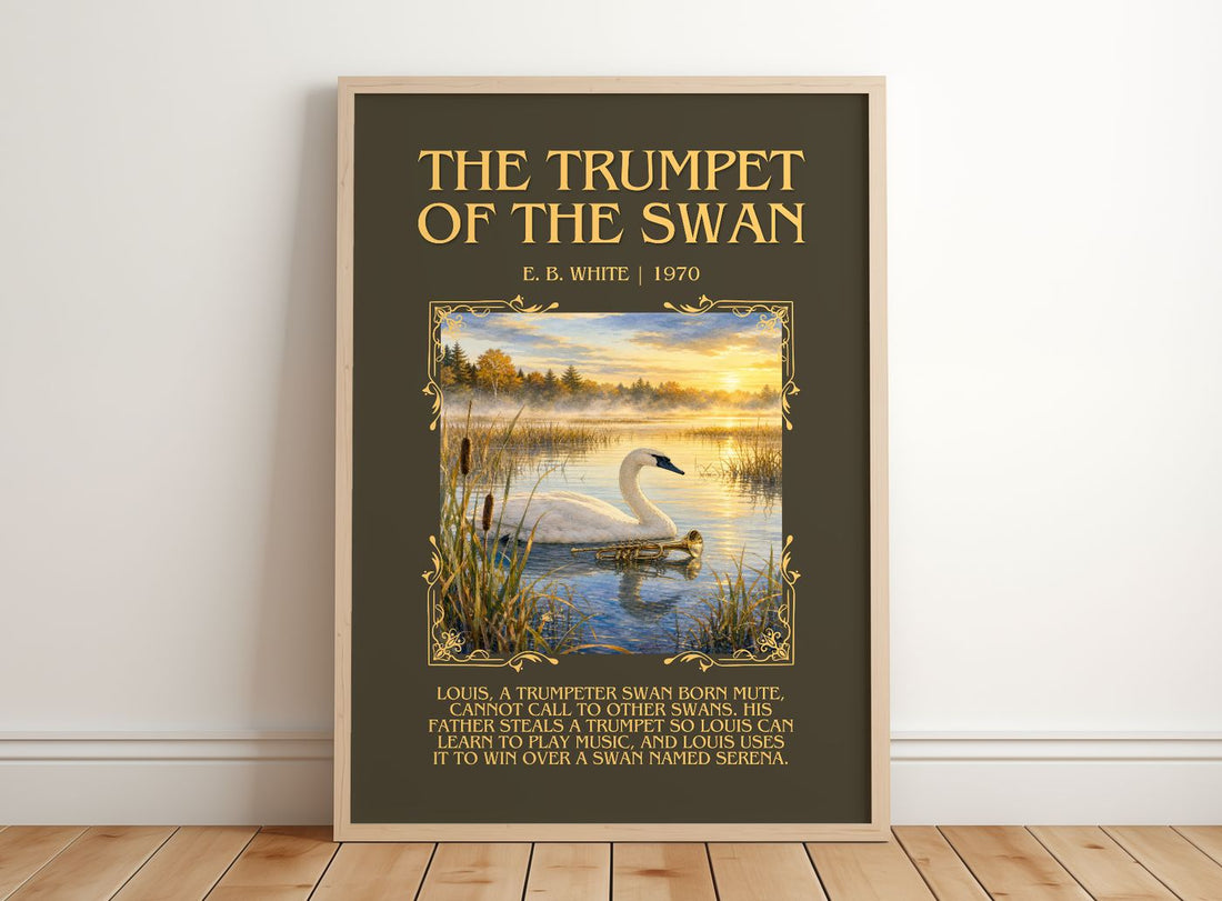 The Trumpet Of The Swan Minimalist Book Poster by E. B. White – framed print leaning on a wooden floor