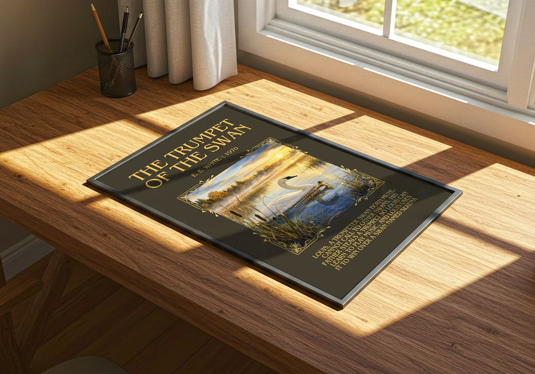 The Trumpet Of The Swan Minimalist Book Poster by E. B. White – print on a sunlit desk