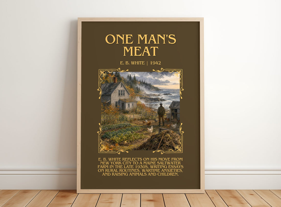 One Man'S Meat Minimalist Book Poster by E. B. White – framed print leaning on a wooden floor